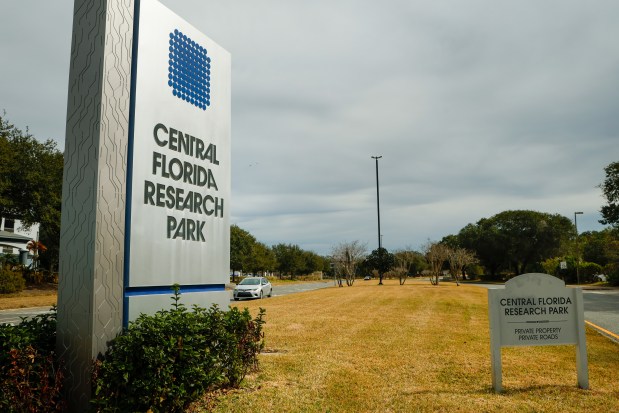 The entrance of Central Florida Research Park, adjacent to the University of Central Florida, on Wednesday, February 11, 2025. (Rich Pope/Orlando Sentinel)