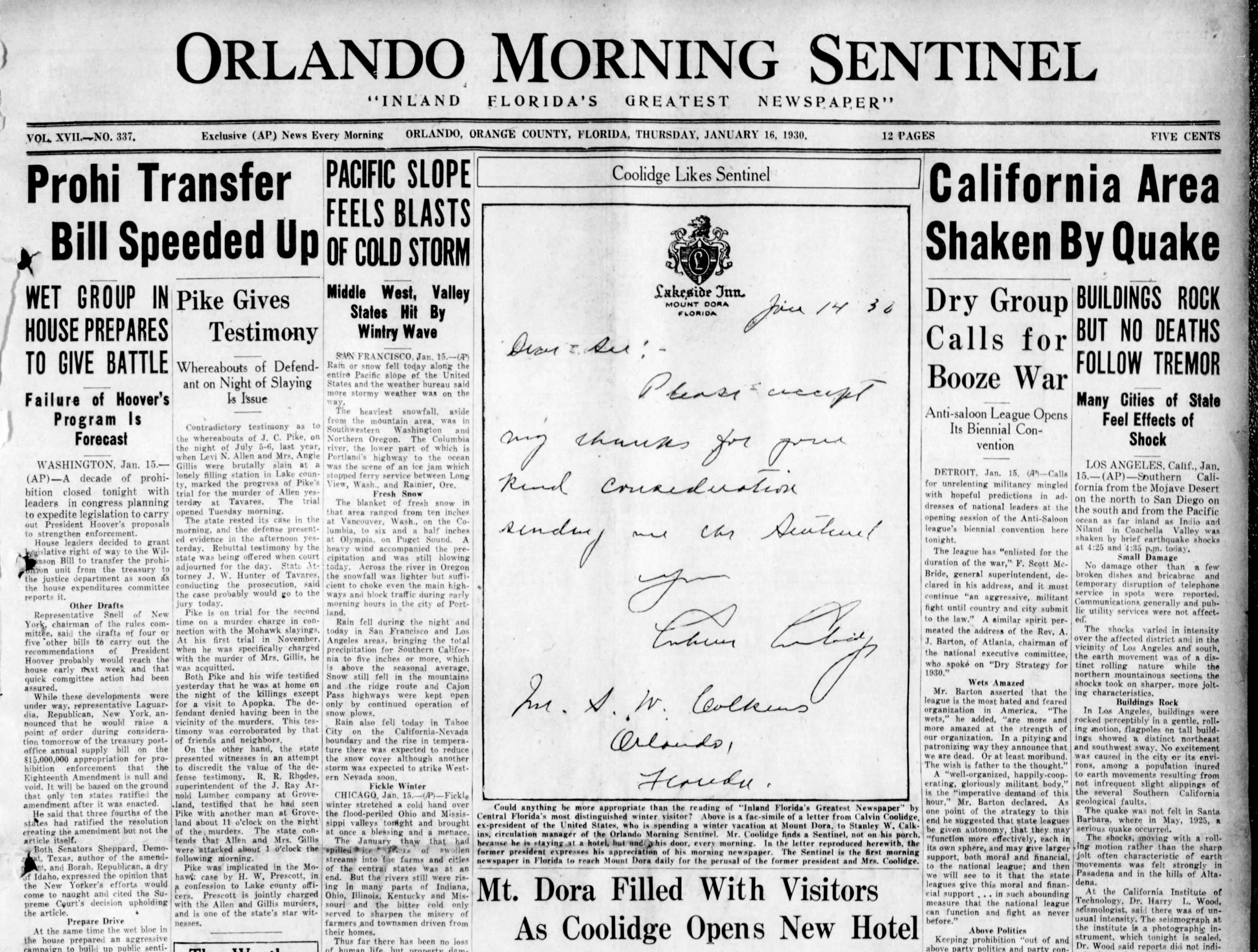 A handwritten note from former President Calvin Coolidge was printed...