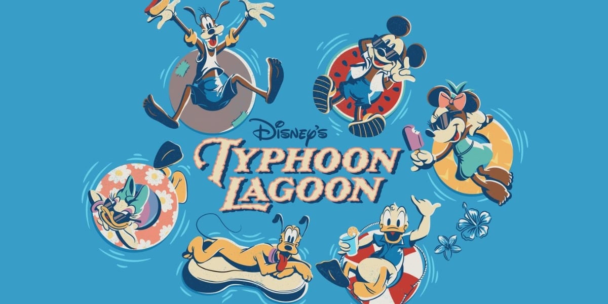An illustration promoting Disney's Typhoon Lagoon features Mickey Mouse, Minnie Mouse, Goofy, Donald Duck, Daisy Duck, and Pluto. The characters are in fun water park scenes, including swimming, floating, and enjoying icy treats, set against a blue background.