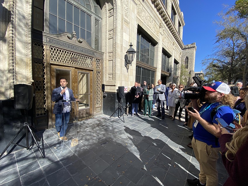 JWB Real Estate Capital President Alex Sifakis speaks before the ribbon-cutting ceremony for The Greenleaf building at 208 N. Laura St. in Downtown Jacksonville.