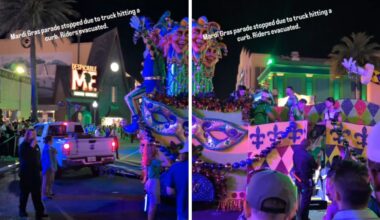 Mardi Gras parade float hits curb and performs are evacuated at the Universal Orlando Resort.