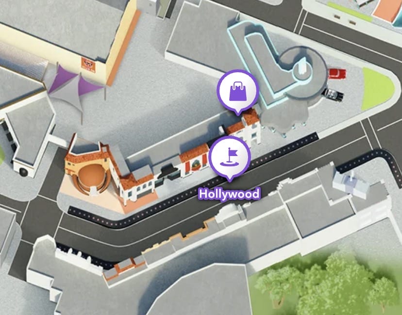 The Mardi Gras Tribute Store is in the park's Hollywood section. The entrance is the Williams of Hollywood facade and the exit is Studio Styles.