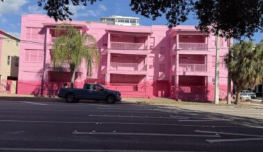 Buildings painted pink ahead of demolition to make way for 29-story tower