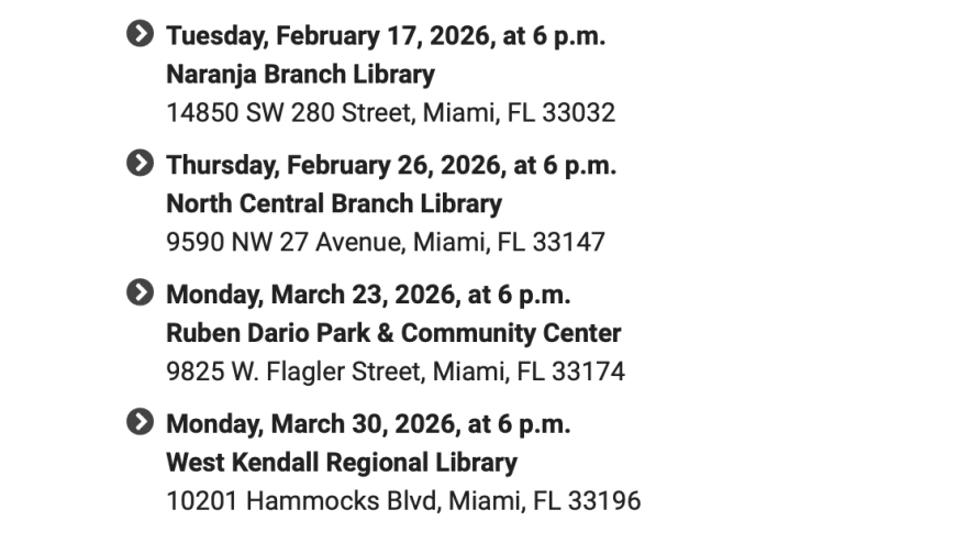 Dates and locations for public workshops in Miami-Dade County where residents can give input for the Comprehensive Development Master Plan