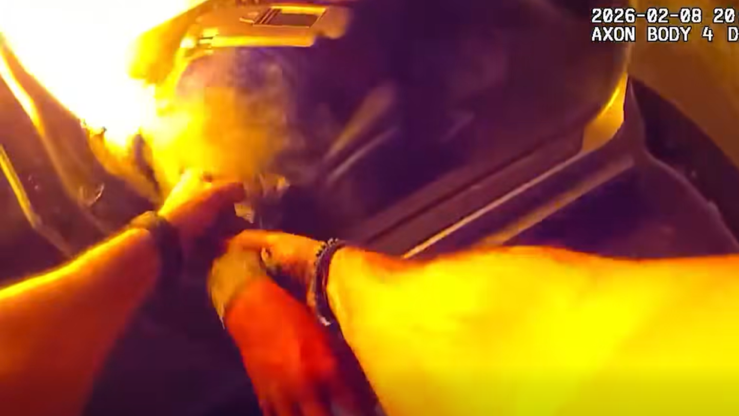 Bodycam video of Jacksonville officer pulling woman from burning car after carjacker crashes