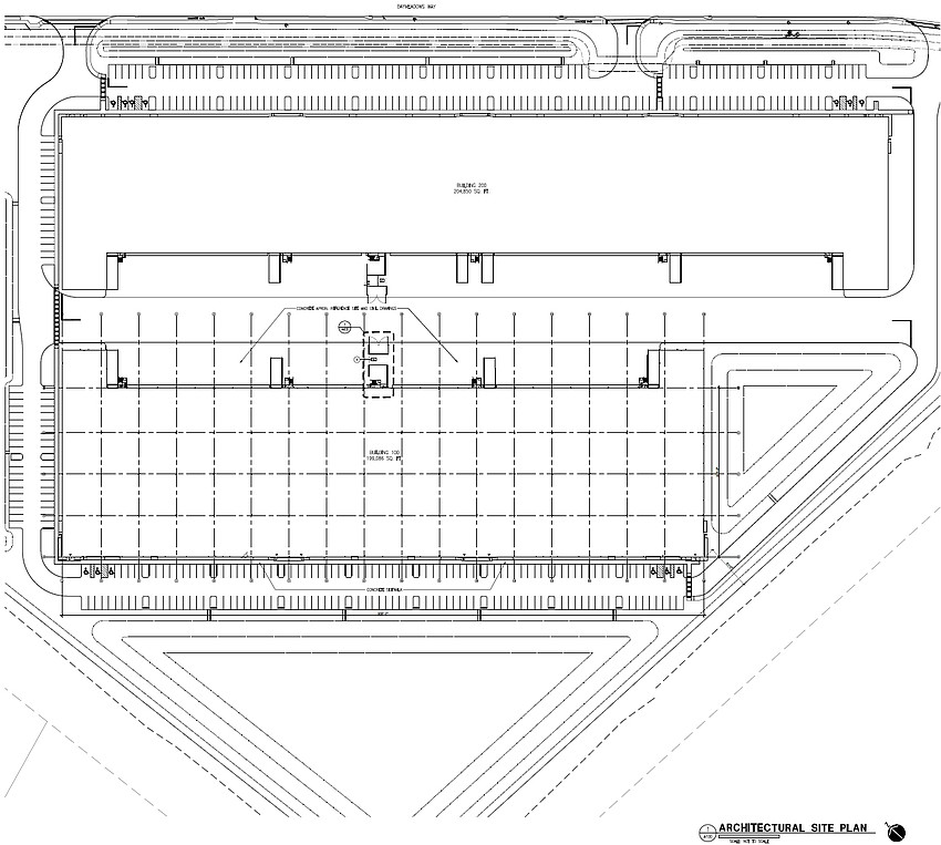 Site plans for “Baymeadows Way Industrial” show a pair of warehouses, Building 100 at 199,086 square feet and Building 200 at 204,850 square feet. The site is the former AT&T American Transtech campus. Site plans for “Baymeadows Way Industrial” show a pair of warehouses, Building 100 at 199,086 square feet and Building 200 at 204,850 square feet. The site is the former AT&T American Transtech campus.