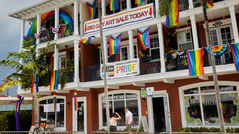 A building decorated with rainbow flags during Pride