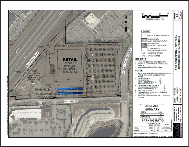 A conceptual site plan filed with Orange County shows a retail center of approximately 150,000 square feet with 648 parking spaces on the land purchased this week by Walmart for $35 million. (Courtesy of Orange County)