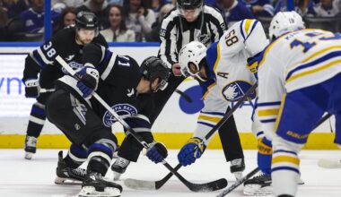 Feb 28, 2026; Tampa, Florida, USA; Tampa Bay Lightning forward Anthony Cirelli (71) and Buffalo Sabres forward Alex Tuch (89) face off during the first period at Benchmark International Arena. Mandatory Credit: Morgan Tencza-Imagn Images