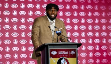 Jul 23, 2025; Charlotte, NC, USA; FSU defenseve lineman Darrell Jackson Jr.answers questions from the media during ACC Media days at Hilton Charlotte Uptown. Mandatory Credit: Jim Dedmon-Imagn Images