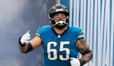Jacksonville Jaguars offensive tackle Patrick Mekari (65) is introduced before an NFL football game at EverBank Stadium, Sunday, Dec. 7, 2025, in Jacksonville, Fla.