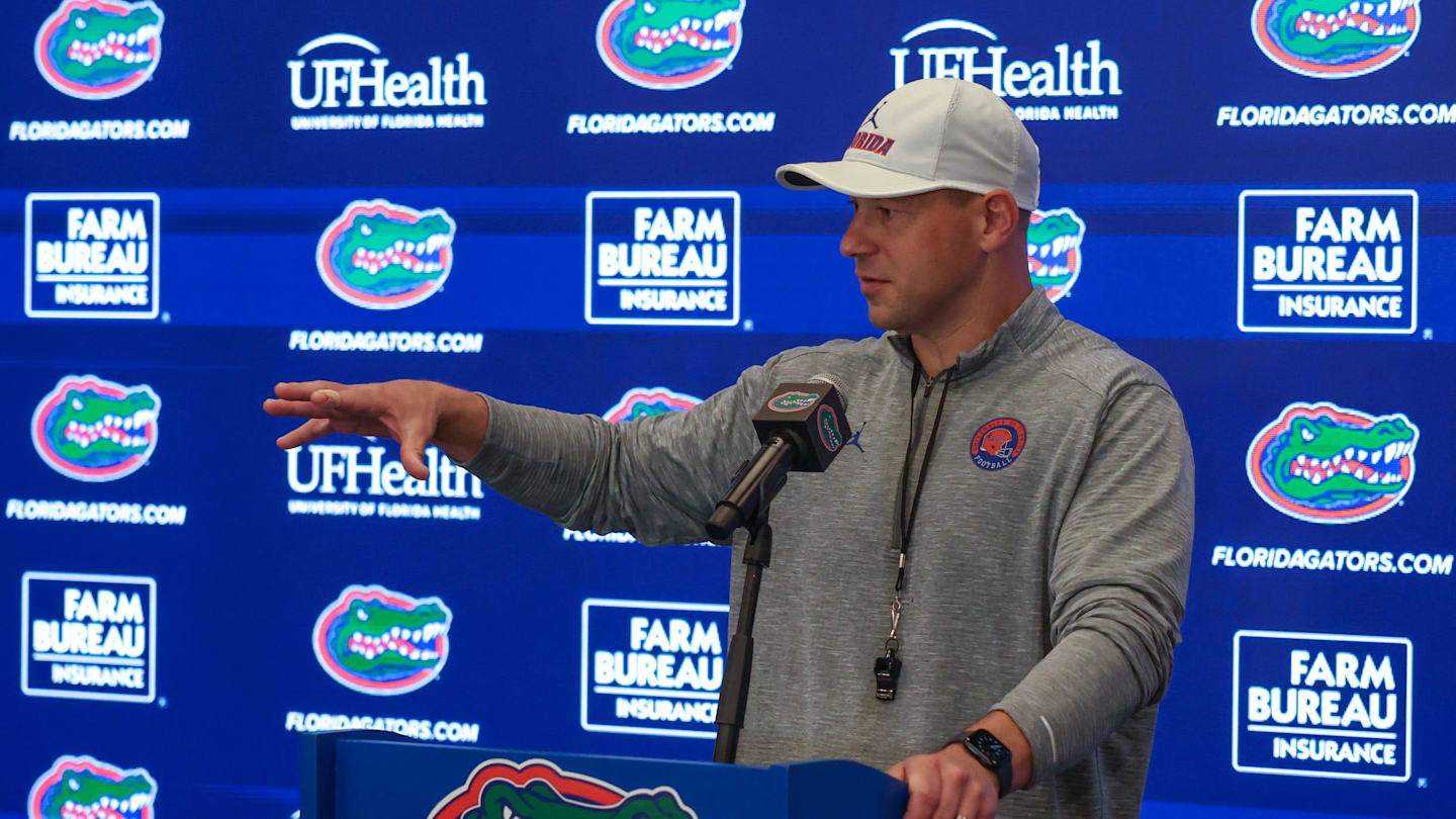 Florida head coach Jon Sumrall speaks during a press conference after the first day of Florida Spring football practice at Heavener Football Center in Gainesville, FL on Tuesday, March 3, 2026. [Alan Youngblood/Gainesville Sun]
