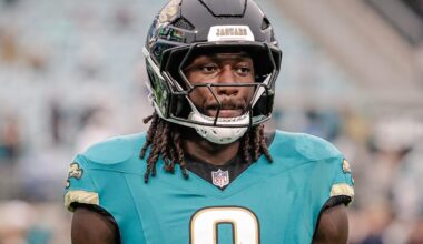 Dec 7, 2025; Jacksonville, Florida, USA;Jacksonville Jaguars linebacker Devin Lloyd (0) stands on the field during pregame warmups against the Indianapolis Colts at EverBank Stadium.