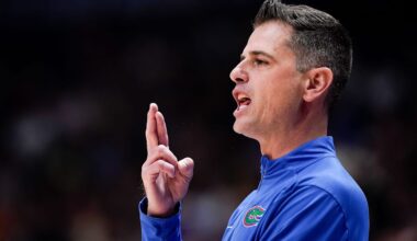 Florida coach Todd Golden works with his team against Vanderbilt during the first half of a SEC tournament semifinal game at Bridgestone Arena in Nashville, Tenn., Saturday, March 14, 2026.