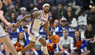 Mar 14, 2026; Nashville, TN, USA;  Florida Gators guard Boogie Fland (0) dribbles the ball against the Vanderbilt Commodores during the second half at Bridgestone Arena. Mandatory Credit: Steve Roberts-Imagn Images