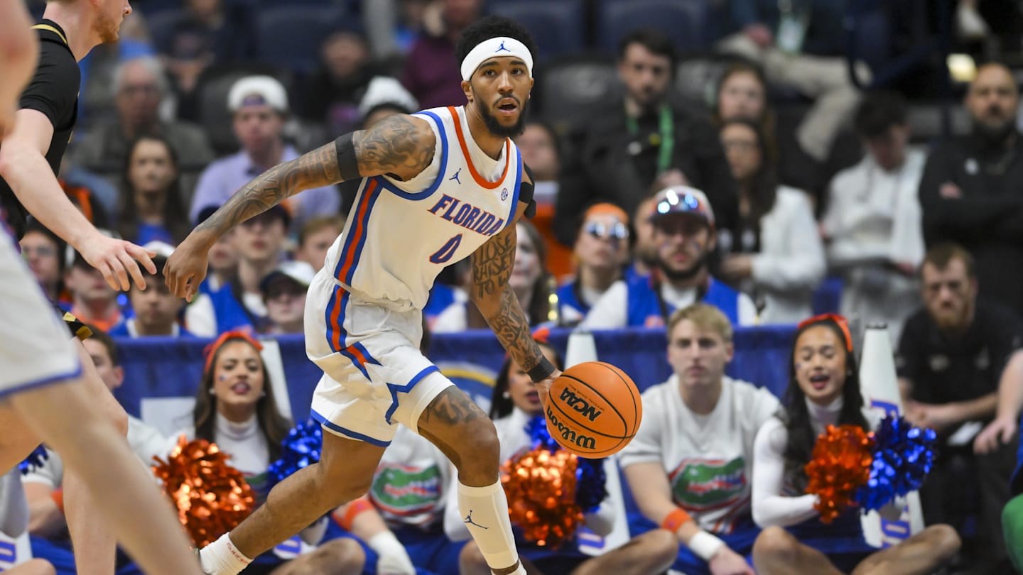 Mar 14, 2026; Nashville, TN, USA;  Florida Gators guard Boogie Fland (0) dribbles the ball against the Vanderbilt Commodores during the second half at Bridgestone Arena. Mandatory Credit: Steve Roberts-Imagn Images