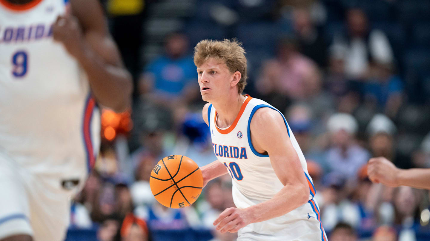Florida forward Thomas Haugh (10) handles the ball against Vanderbilt during their semifinal game of the 2026 SEC Men’s Basketball Tournament at Bridgestone Arena in Nashville, Tenn., Saturday, March 14, 2026.