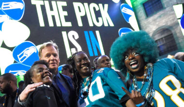 NFL Commisioner Roger Goodell poses with Jaguars fans during the first round of the NFL Draft Thursday, April 25, 2019, in Nashville, Tenn.