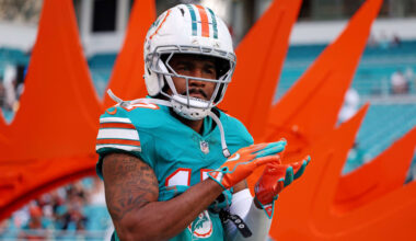Dec 21, 2025; Miami Gardens, Florida, USA; Miami Dolphins wide receiver Jaylen Waddle (17) reacts during the second quarter against the Cincinnati Bengals at Hard Rock Stadium. Mandatory Credit: Nathan Ray Seebeck-Imagn Images