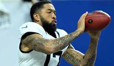 Dec 28, 2025; Indianapolis, Indiana, USA; Jacksonville Jaguars wide receiver Tim Patrick (17) warms up before a game against the Indianapolis Colts at Lucas Oil Stadium.