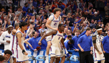 Mar 20, 2026; Tampa, FL, USA; Florida Gators bench reacts in the second half against the Prairie View A&M Panthers during a first round game of the men's 2026 NCAA Tournament at Benchmark International Arena. Mandatory Credit: Matt Pendleton-Imagn Images