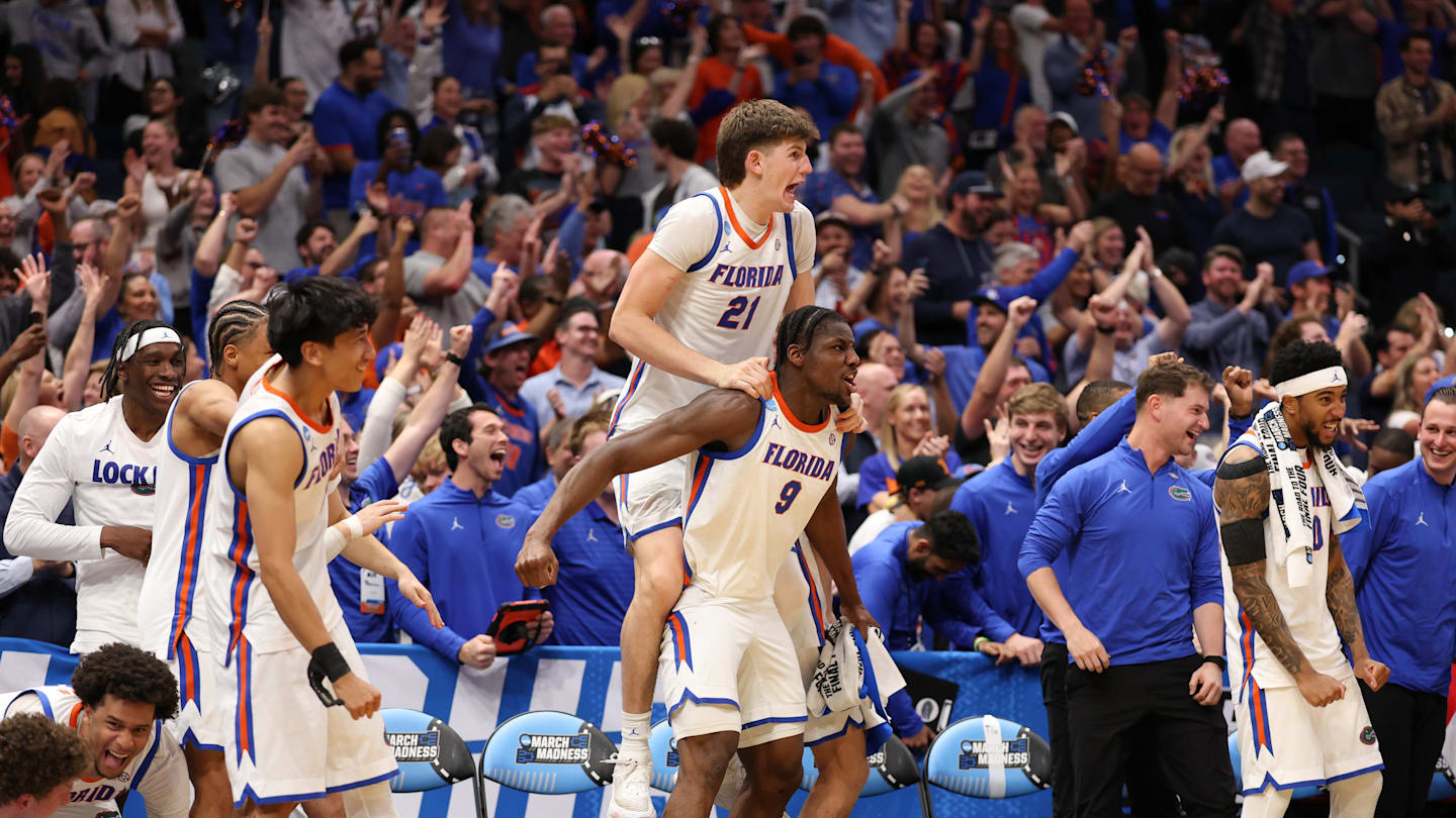 Mar 20, 2026; Tampa, FL, USA; Florida Gators bench reacts in the second half against the Prairie View A&M Panthers during a first round game of the men's 2026 NCAA Tournament at Benchmark International Arena. Mandatory Credit: Matt Pendleton-Imagn Images
