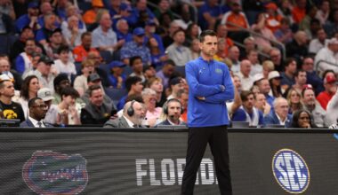Mar 20, 2026; Tampa, FL, USA; Florida Gators head coach Todd Golden looks on during the first half against the Prairie View A&M Panthers during a first round game of the men's 2026 NCAA Tournament at Benchmark International Arena. Mandatory Credit: Matt Pendleton-Imagn Images