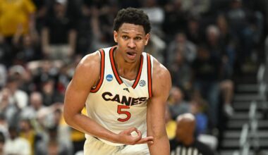 Mar 20, 2026; St. Louis, MO, USA; Miami (FL) Hurricanes forward Malik Reneau (5) reacts after a play against the Missouri Tigers during a first round game of the men's 2026 NCAA Tournament at Enterprise Center. Mandatory Credit: Jeff Le-Imagn Images
