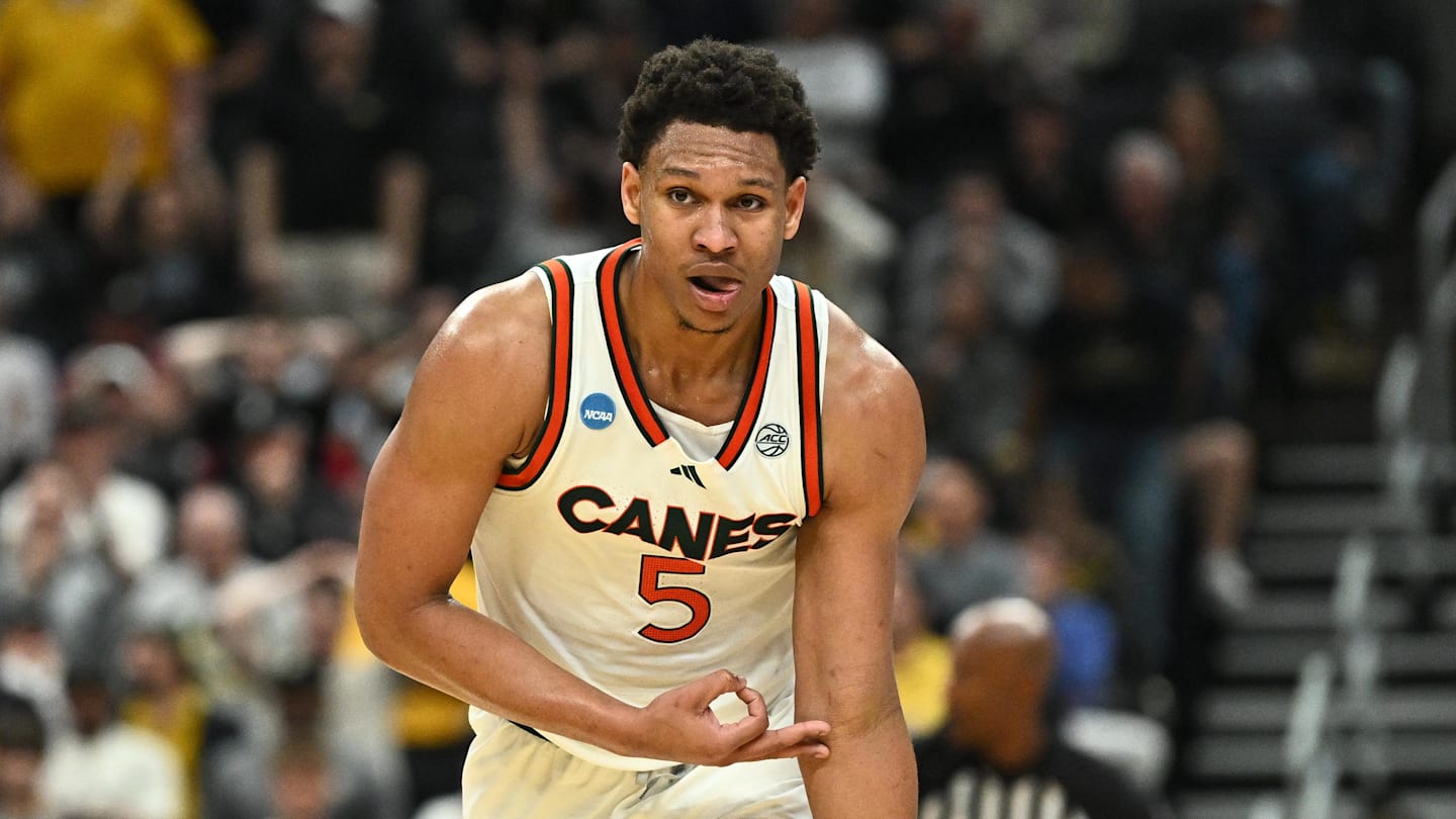 Mar 20, 2026; St. Louis, MO, USA; Miami (FL) Hurricanes forward Malik Reneau (5) reacts after a play against the Missouri Tigers during a first round game of the men's 2026 NCAA Tournament at Enterprise Center. Mandatory Credit: Jeff Le-Imagn Images
