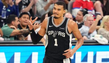 Mar 5, 2026; San Antonio, Texas, USA; San Antonio Spurs forward forward Victor Wembanyama (1) reacts after scoring a three point basket during the second half against the Detroit Pistons at Frost Bank Center. Mandatory Credit: Scott Wachter-Imagn Images