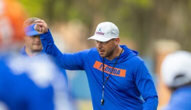 Florida head football coach Jon Sumrall reacts during spring practice at Sanders Practice Fields in Gainesville, FL on Tuesday, March 24, 2026. [Alan Youngblood/Gainesville Sun]