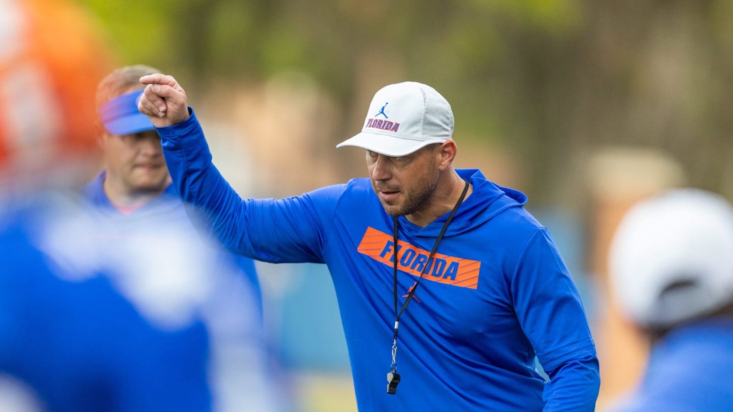 Florida head football coach Jon Sumrall reacts during spring practice at Sanders Practice Fields in Gainesville, FL on Tuesday, March 24, 2026. [Alan Youngblood/Gainesville Sun]