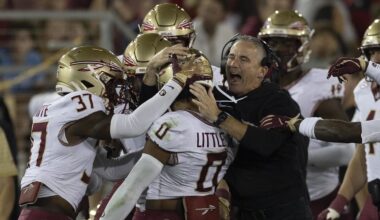 Oct 18, 2025; Stanford, California, USA;  Florida State Seminoles head coach Mike Norvell celebrates with defensive back Earl Little Jr. (0) during the first quarter against the Stanford Cardinal at Stanford Stadium. Mandatory Credit: Stan Szeto-Imagn Images