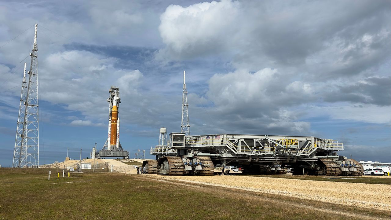 The crawler transporter will move the Artemis II's Space Launch System rocket and the Orion capsule back to the Vehicle Assembly Building for repairs after a helium flow issue was discovered. (Spectrum News file photo/Jon Shaban)