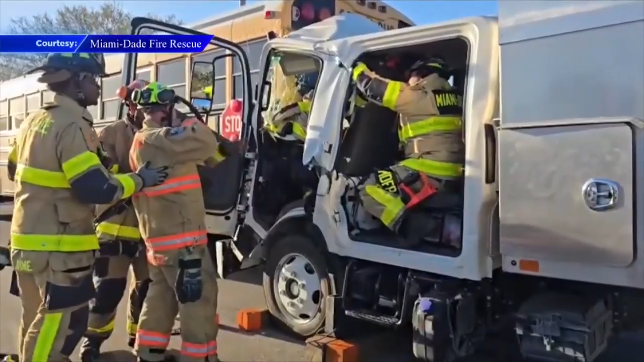 Truck driver extricated after crash with bus in NW Miami-Dade; 3 hospitalized - WSVN 7News | Miami News, Weather, Sports