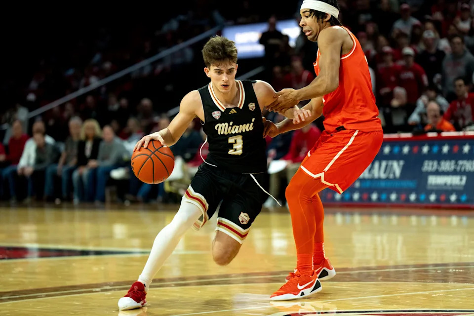 Miami RedHawks guard Luke Skaljac (3) drives on Bowling Green Falcons guard Josiah Shackelford (4) in the second half of the NCAA game on Feb. 20, 2026 at Millett Hall in Oxford, Ohio.