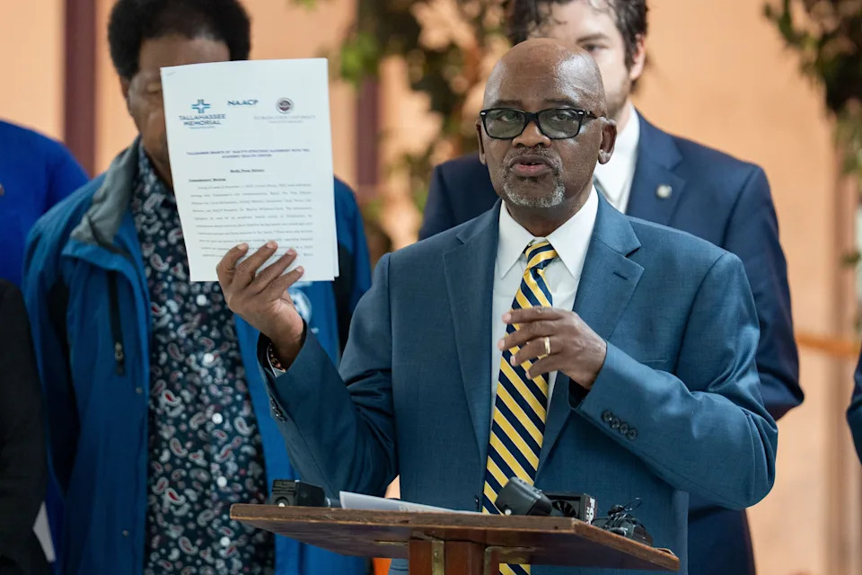 Former Tallahassee mayor, Jack McLean speaks during a press conference voicing concerns of the sale of Tallahassee Memorial HealthCare to Florida State University, Thursday, March 5, 2026.