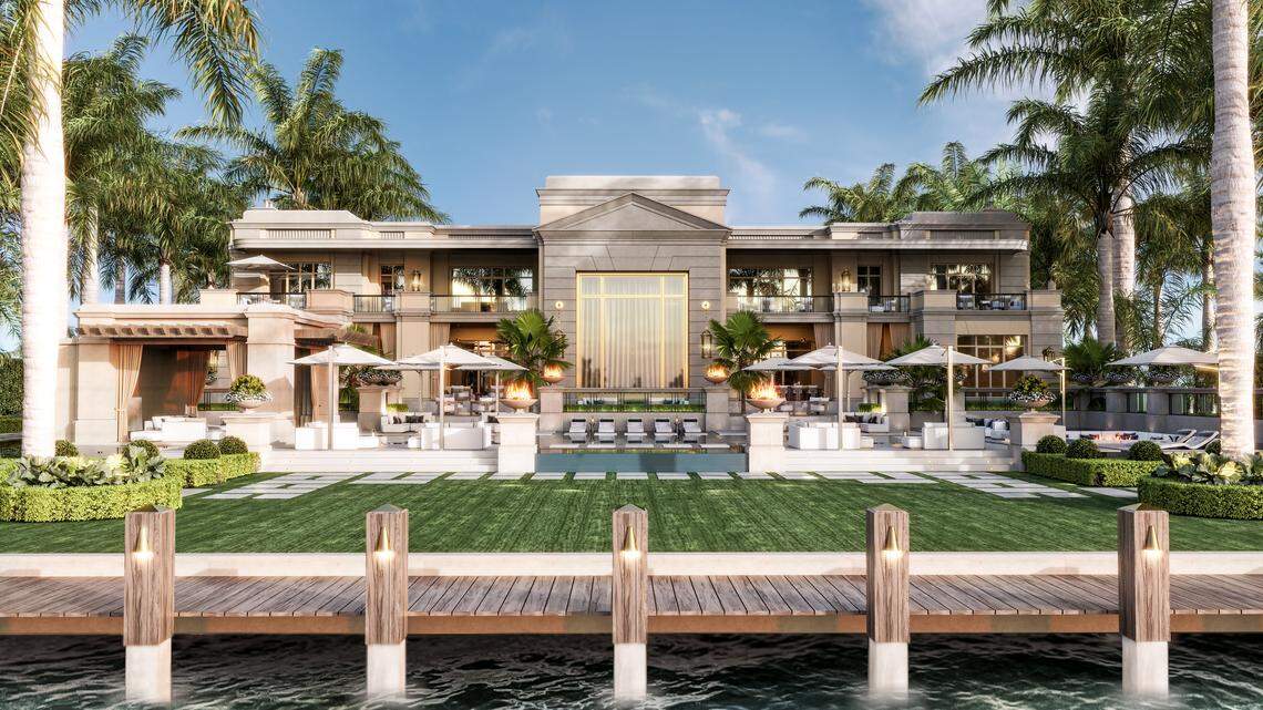 A rendering of the waterfront view of 7 Indian Creek Island Rd.