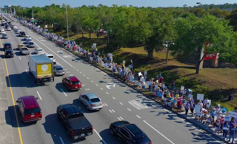A drone shot of No Kings protesters in Fort Myers on Saturday, March 28, 2026.