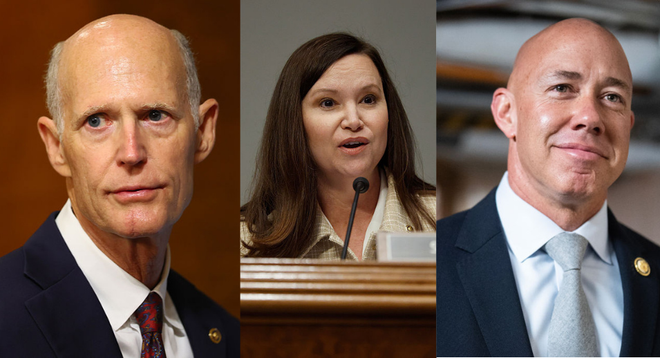 left to right: us sen. rick scott, us sen. ashley moody and us house rep. brian mast send well-wishes to Port St. Lucie Police Sgt. Erik LeVasseur after LeVasseur was shot in the face while responding to a call on Monday, Dec. 1, 2025.
