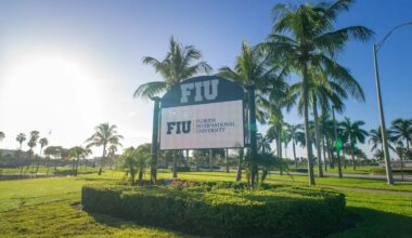 photo of a sign of Florida International University surrounded by lush grass, palm trees, and a clear blue sky