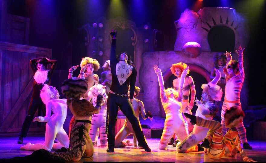 Caleb Summers (center) makes his Broadway Palm debut in the role of Rum Tum Tugger, a flashy cat who insists on being the center of attention. 