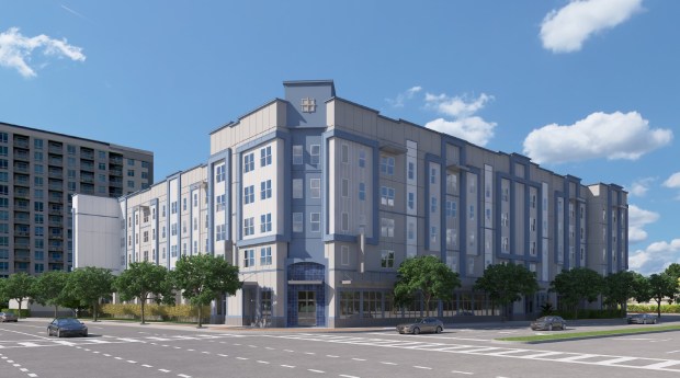 The redesigned Beacon at Creative Village will be five stories and will have 106 apartments. (Rendering by Slocum Platts)