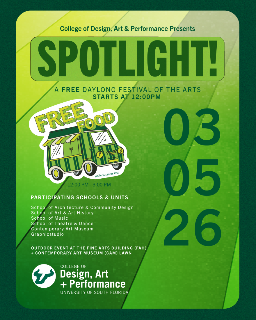 A green and yellow poster provides information about USF's day long festival of the arts on March 5, 2026