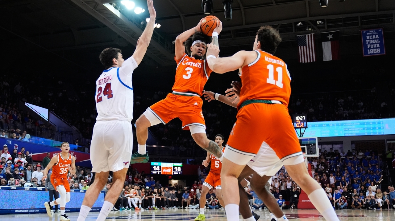 No. 22 Miami wins 77-69 at SMU to ensure double bye in ACC Tournament