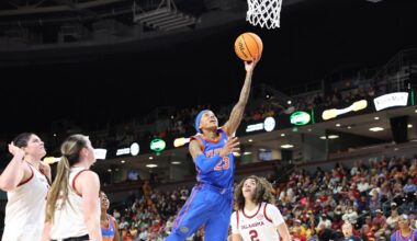 Alexia Dizeko scores against Mississippi State in the first round of the SEC Tournament