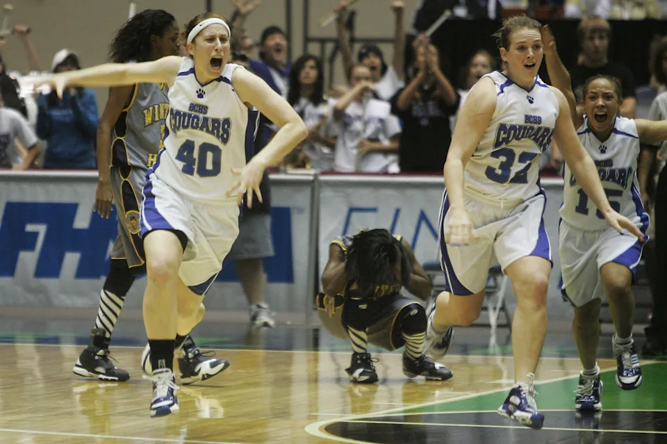 Barron Collier teammates, from left, Kelsey Assarian, Erin Zampell and Saphira Philson celebrate after beating Winter Haven for the Class 5A girls state basketball championship at the Lakeland Center on Friday February 22, 2008. Barron Collier won 33-30.