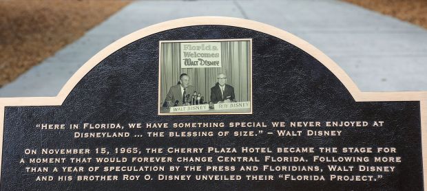 The unveiled plaque commemorating the announcement of the "Florida Project" by Walt and Roy Disney in 1965, during a ceremony in downtown Orlando, Thursday, March 5, 2026. (Joe Burbank/Orlando Sentinel)