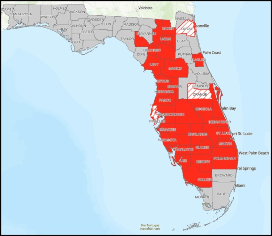 A majority of the counties in Florida's Peninsula have enacted a ban against burning anything outside, often including campfires and fireworks