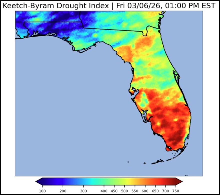 This index displays how many inches down the soil is devoid of moisture, topping out at 800, or eight inches — desert-like conditions shown in dark red